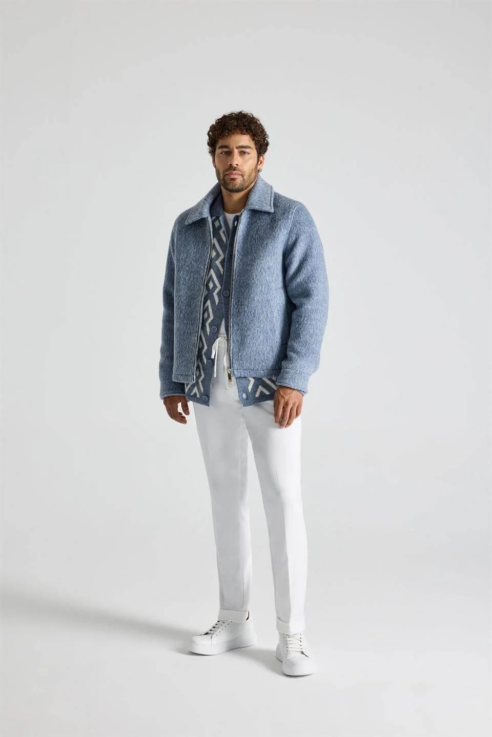 Standart Fit Yün Karışımlı Mavi Kısa Alpaca Mont - Image 3