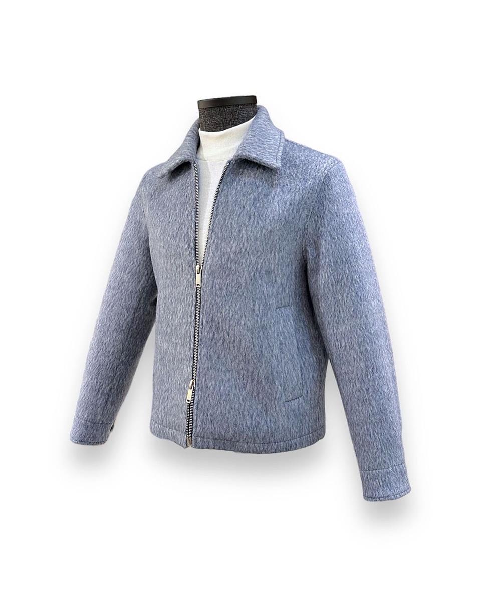 Standart Fit Yün Karışımlı Mavi Kısa Alpaca Mont - Image 4