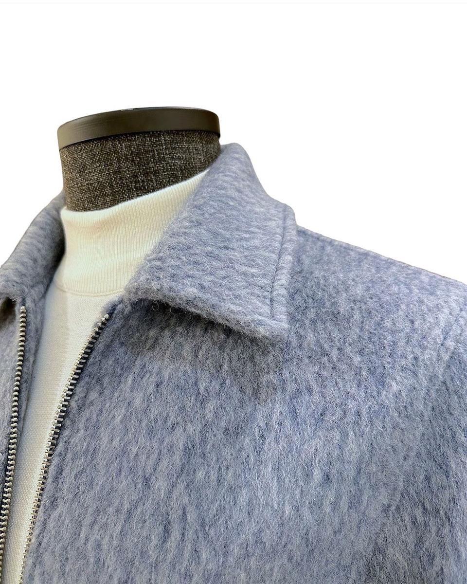 Standart Fit Yün Karışımlı Mavi Kısa Alpaca Mont - Image 5