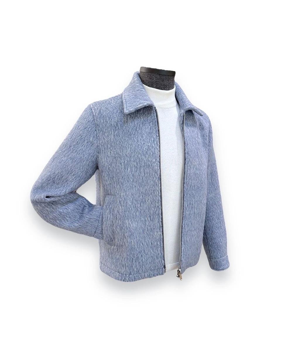 Standart Fit Yün Karışımlı Mavi Kısa Alpaca Mont - Image 7