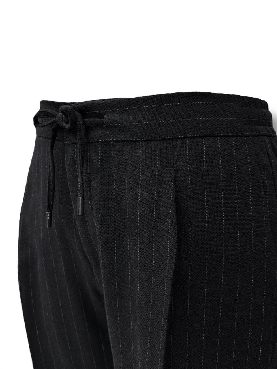 Siyah Slim Fit Çizgili Jogger Yün Pantolon - Image 3