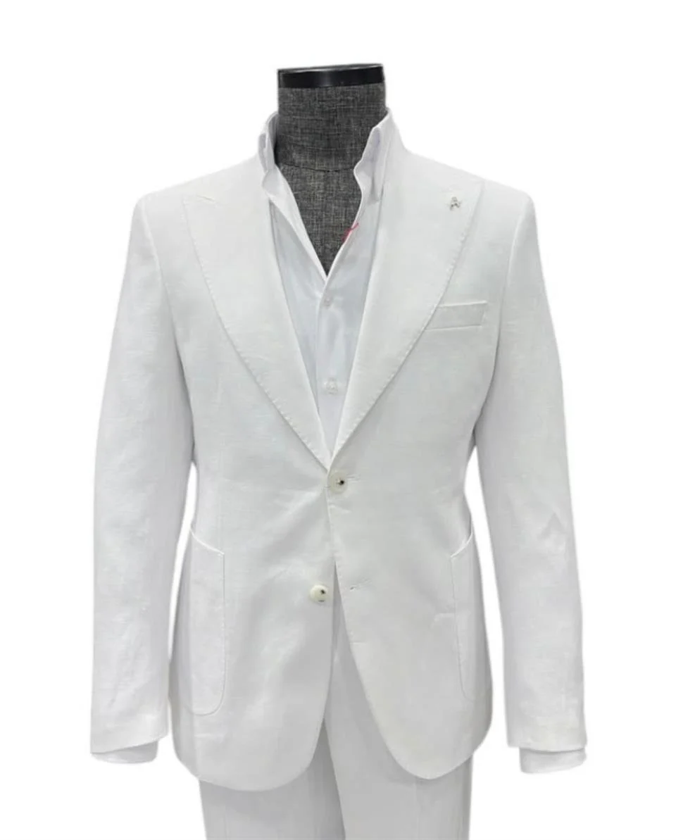 Standart Fit Torba Cep Beyaz Ham Keten Takım Elbise - Image 2