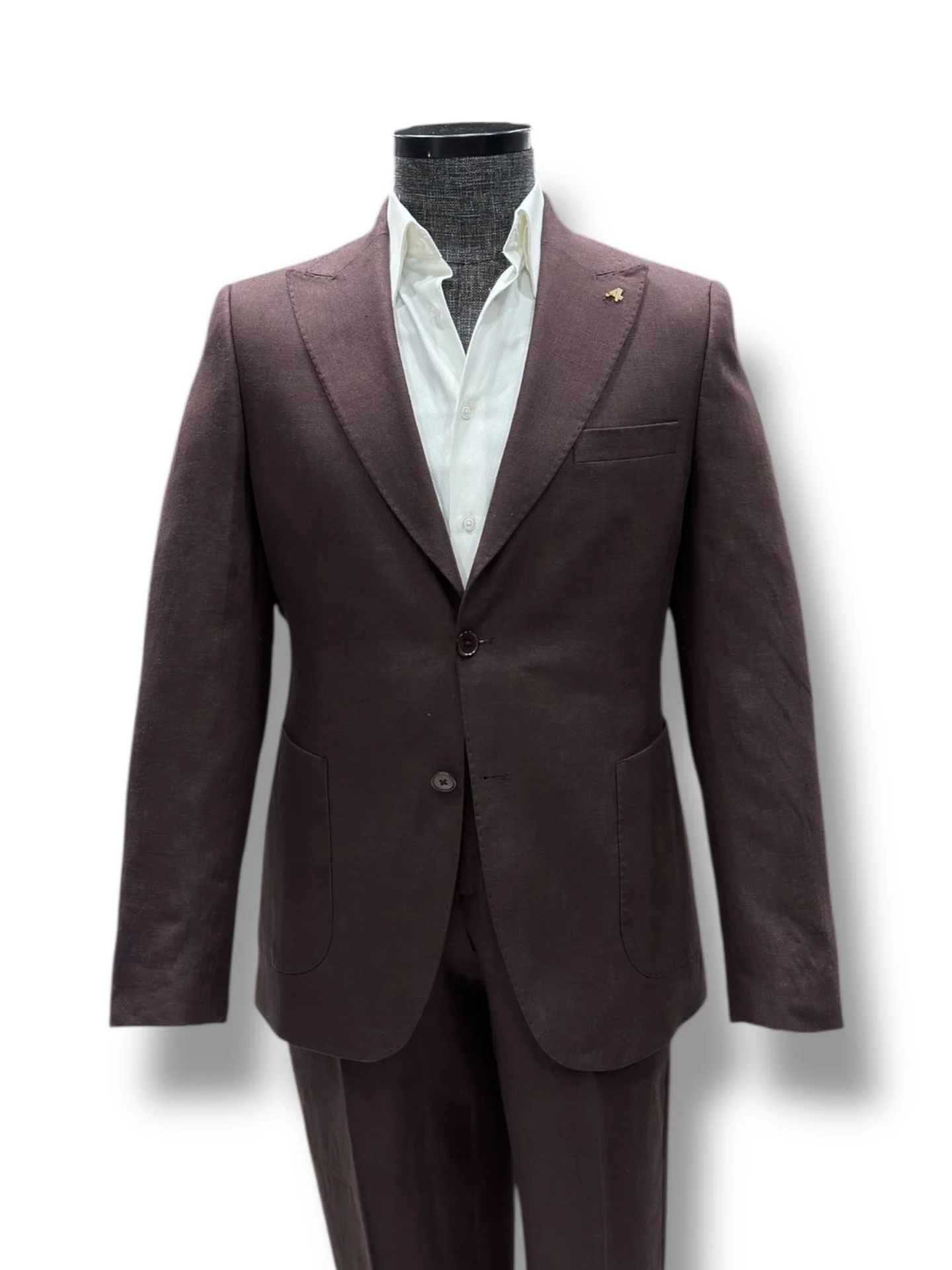 Standart Fit Torba Cep Koyu Kahverengi Ham Keten Takım Elbise - Image 2