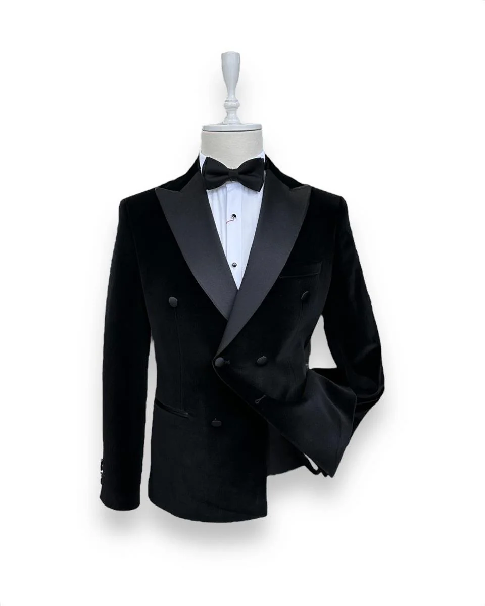 Slim Fit Siyah Kadife Kruvaze Damatlık Smokin - Image 3