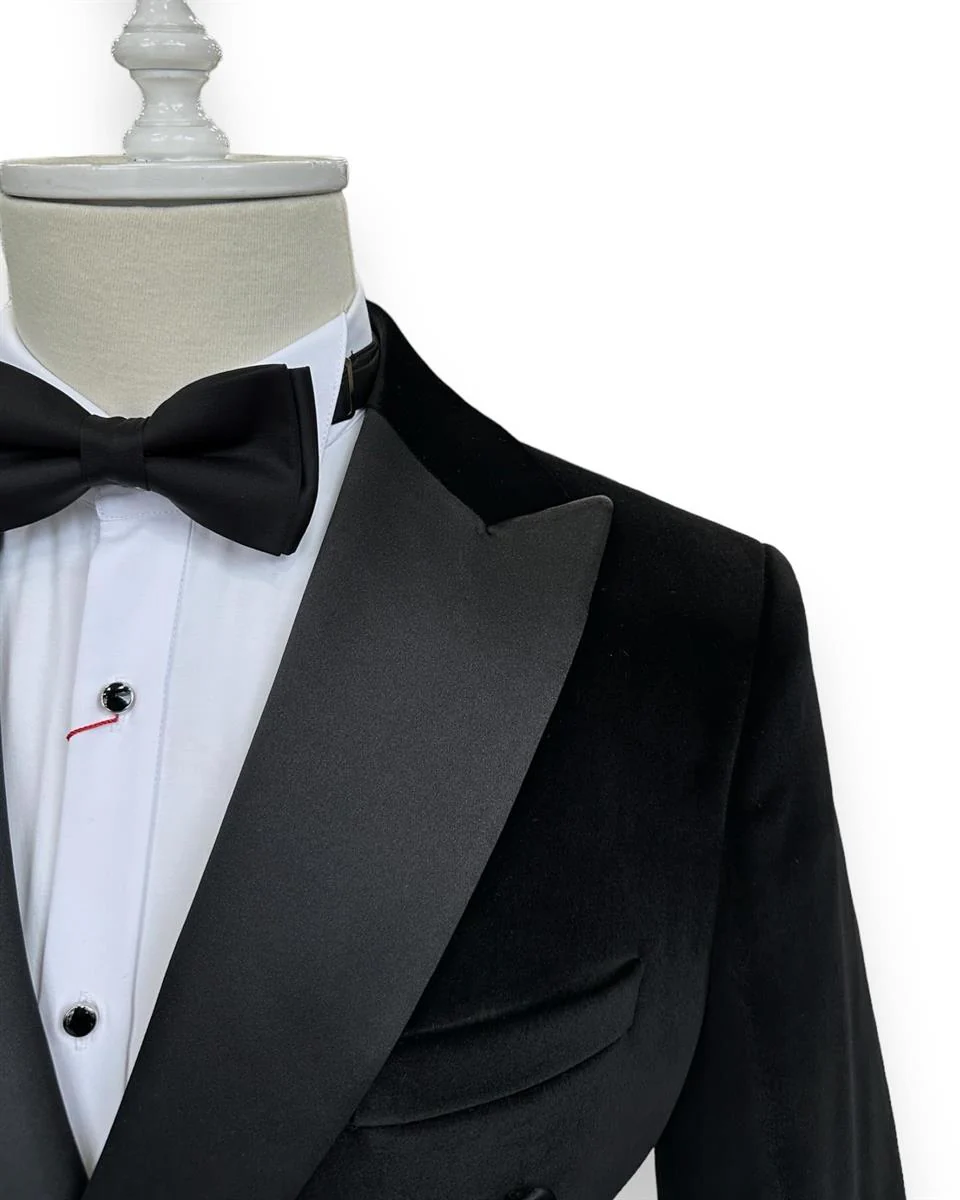 Slim Fit Siyah Kadife Kruvaze Damatlık Smokin - Image 4