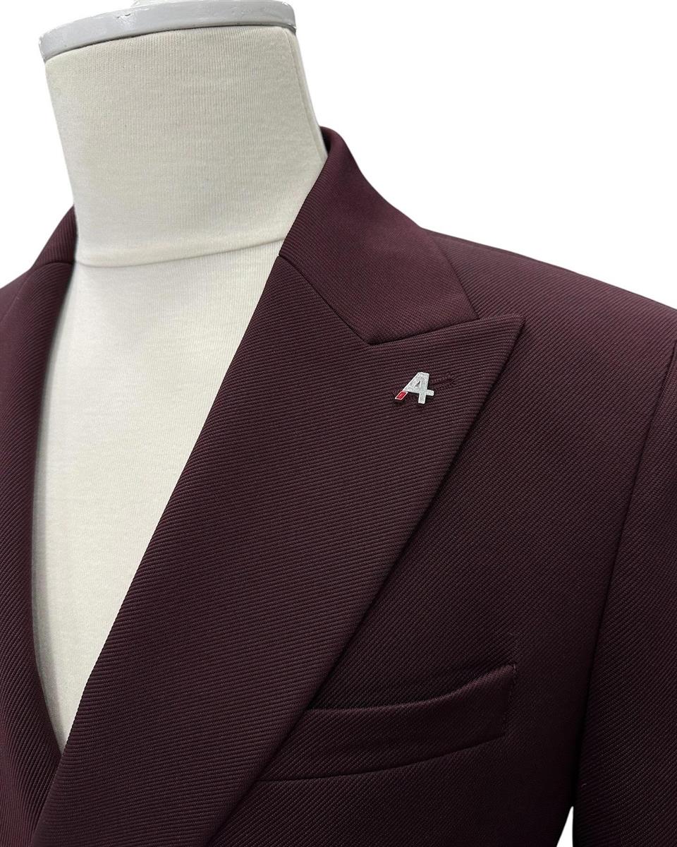 Slim Fit Bordo Likralı Erkek Kruvaze Ceket - Image 3