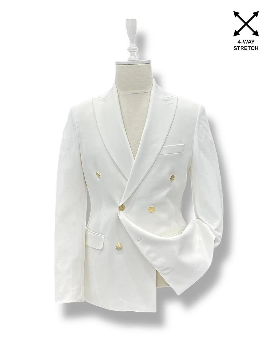 Slim Fit Beyaz Likralı Erkek Kruvaze Ceket