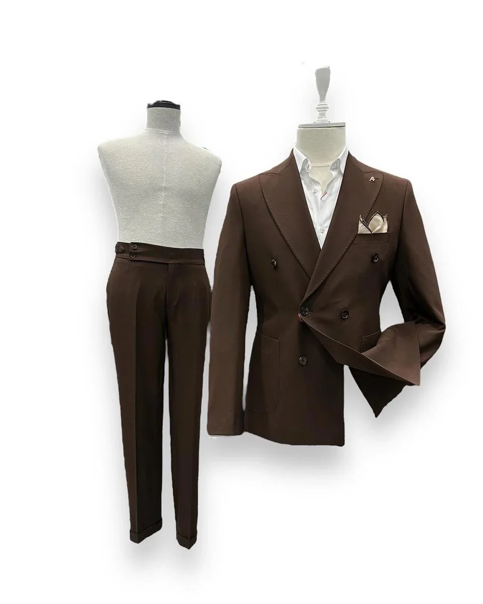 Modern Fit Torba Cep Punto Dikişli Kahverengi Limerick Takım Elbise