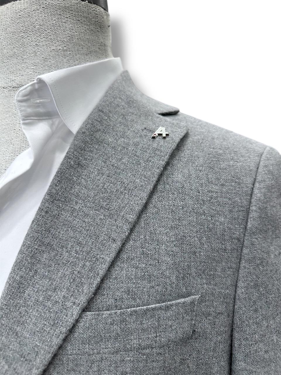 Slim Fit Yün Karışımlı Gri Erkek Loren Takım Elbise - Image 3