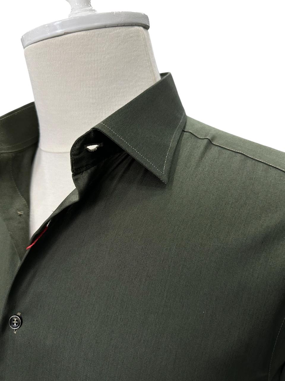 Slim Fit Haki %100 Pamuk Saten Gömlek - Image 2