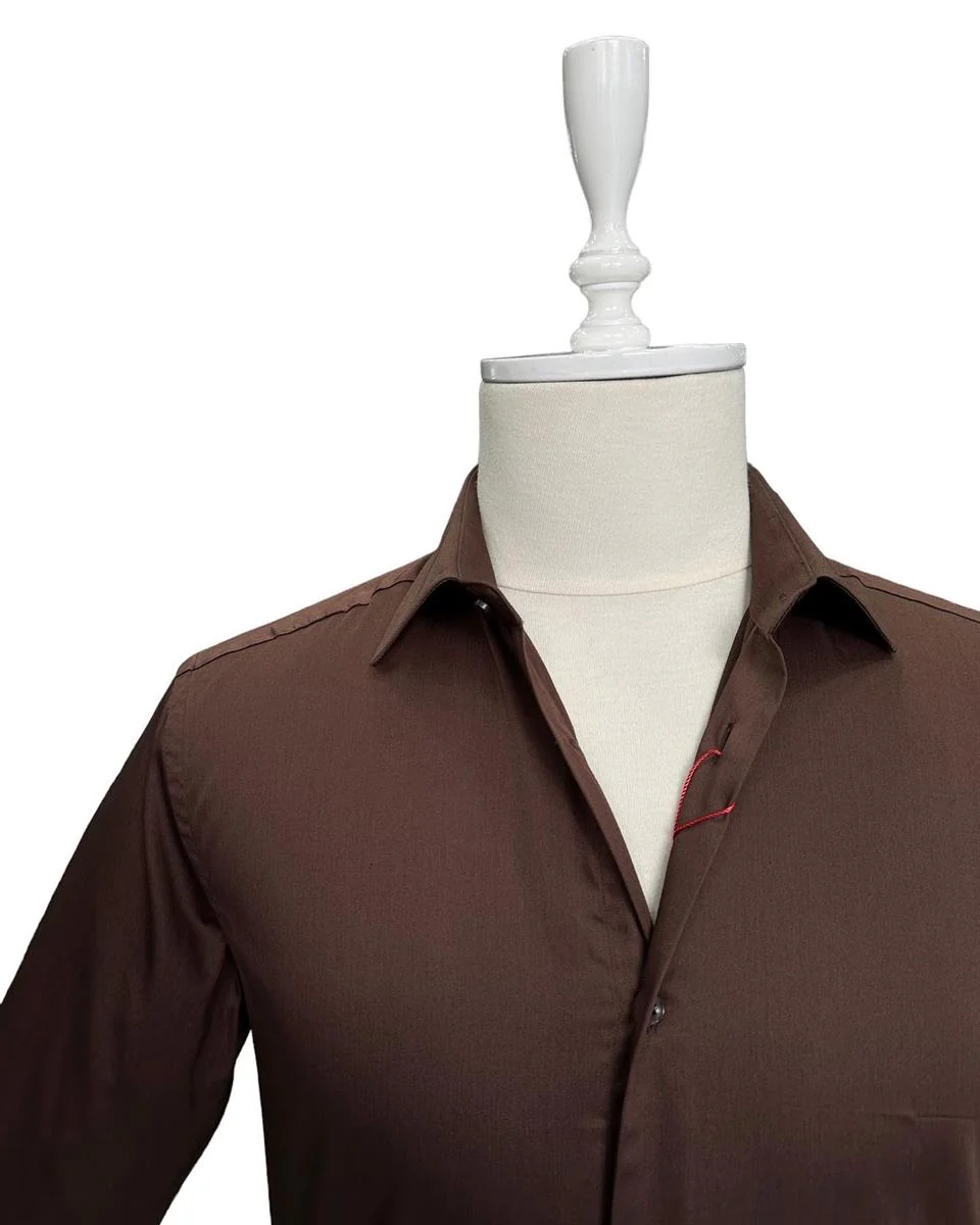 Slim Fit Kahverengi %100 Pamuk Saten Gömlek - Image 2