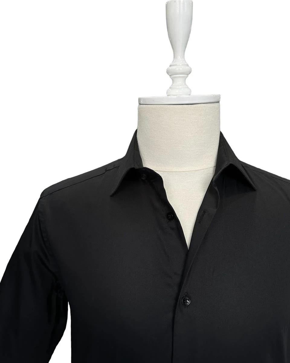 Slim Fit Siyah %100 Pamuk Saten Gömlek - Image 2