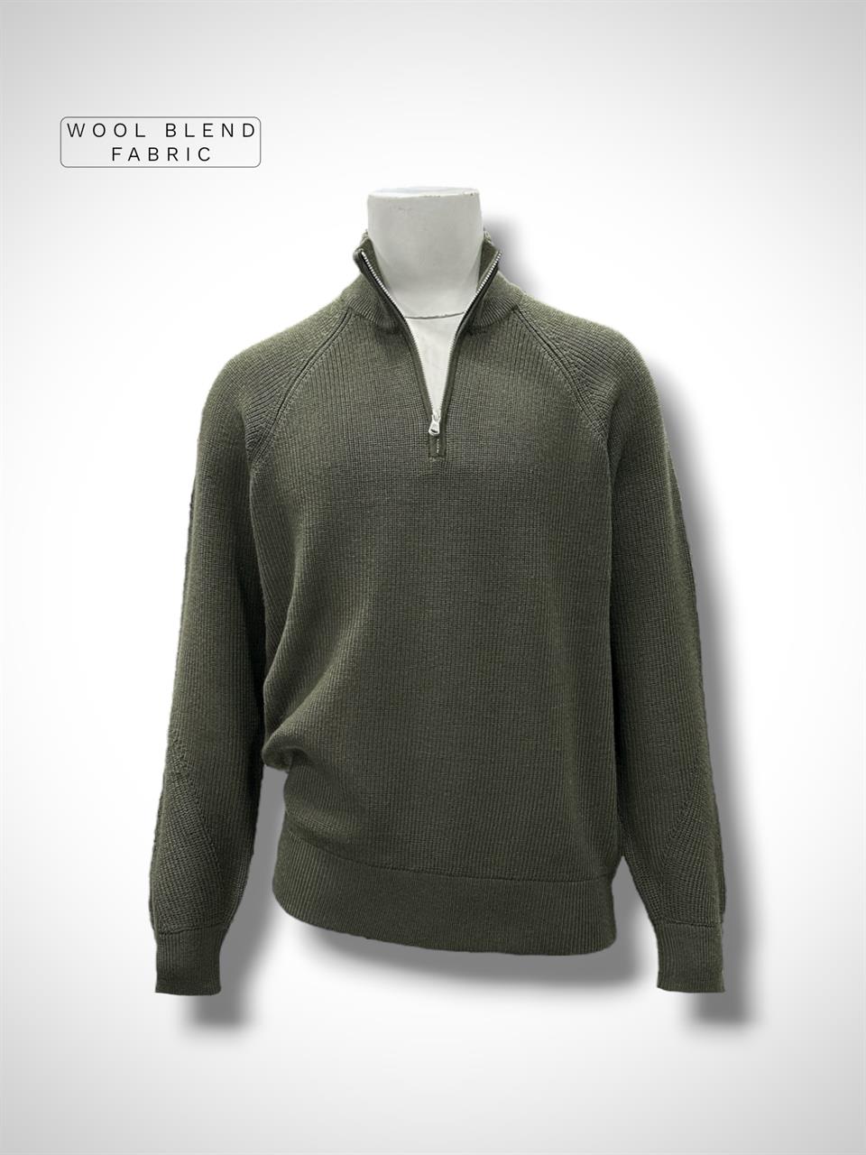 Slim Fit Yün Karışımlı Haki Roux Fermuarlı Triko