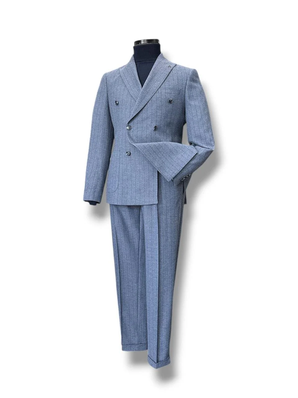 Slim Fit Yün Karışımlı Kruvaze Çizgili Royal Mavi Takım Elbise - Image 2