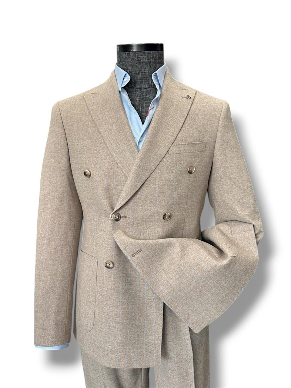 Slim Fit Yün Karışımlı Kruvaze Çizgili Royal Bej Takım Elbise