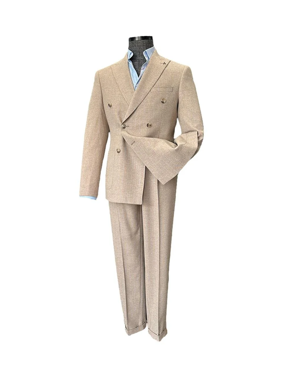Slim Fit Yün Karışımlı Kruvaze Çizgili Royal Bej Takım Elbise - Image 2