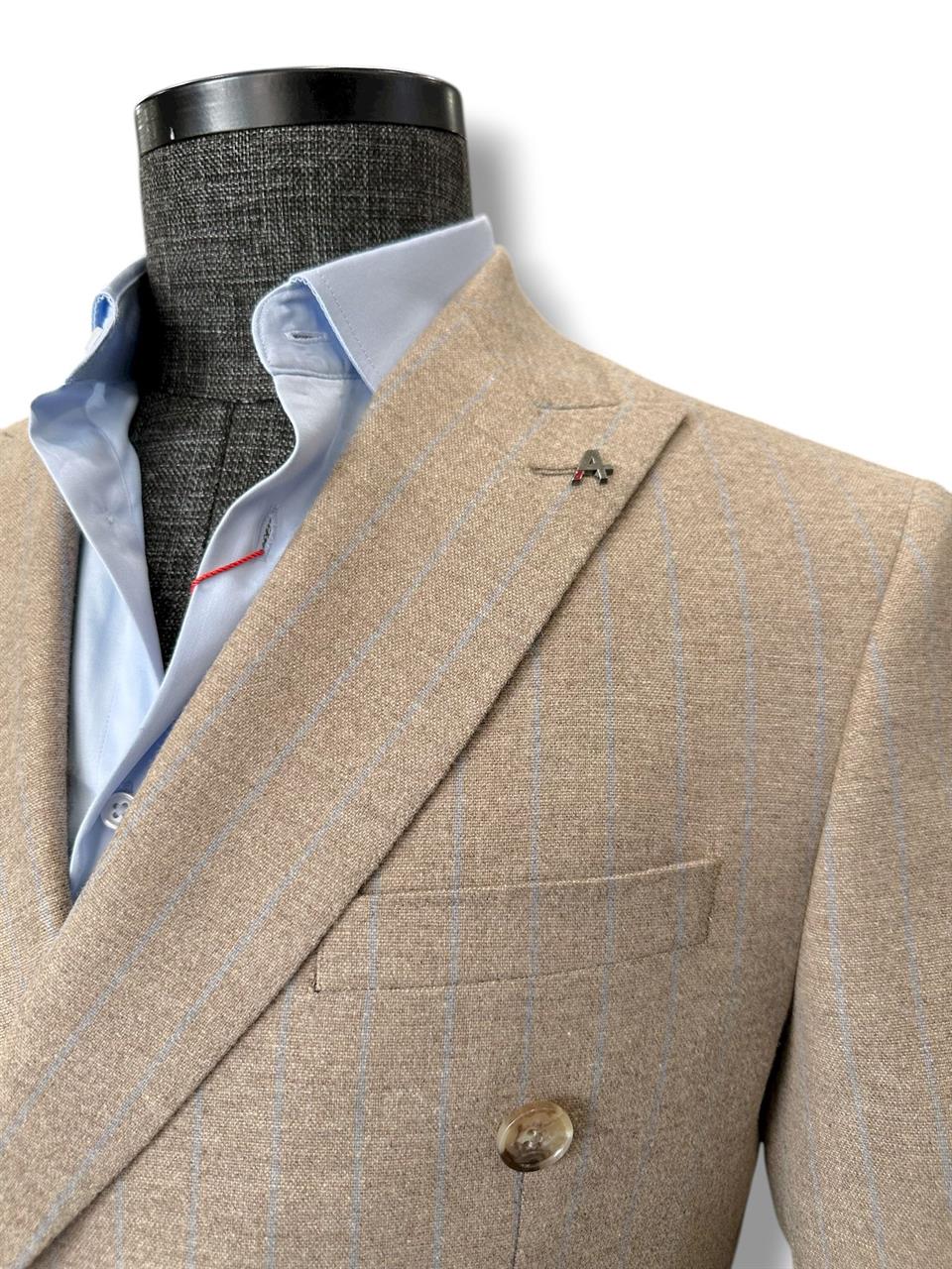Slim Fit Yün Karışımlı Kruvaze Çizgili Royal Bej Takım Elbise - Image 3