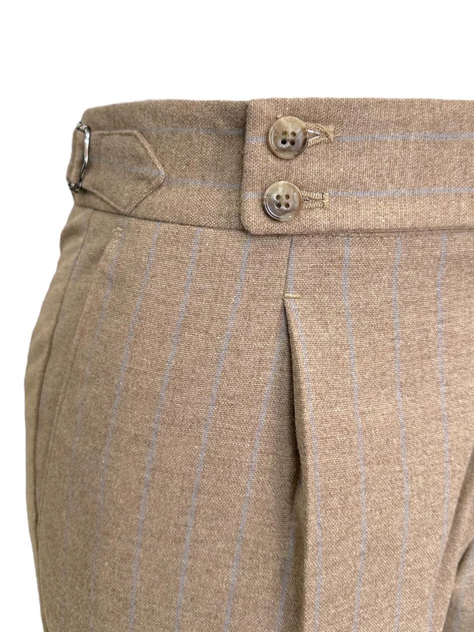 Slim Fit Yün Karışımlı Kruvaze Çizgili Royal Bej Takım Elbise - Image 4