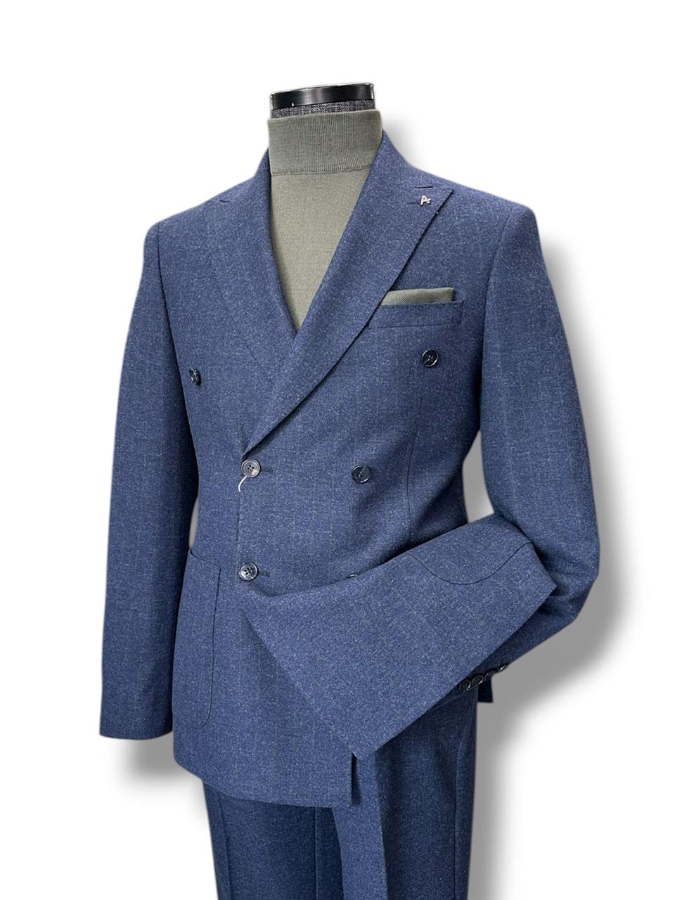 Slim Fit Yün Karışımlı Kruvaze Çizgili Royal İndigo Takım Elbise