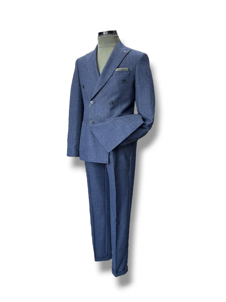 Slim Fit Yün Karışımlı Kruvaze Çizgili Royal İndigo Takım Elbise - Image 2