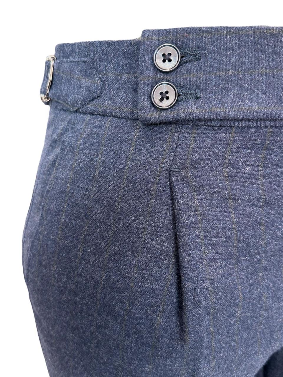 Slim Fit Yün Karışımlı Kruvaze Çizgili Royal İndigo Takım Elbise - Image 4