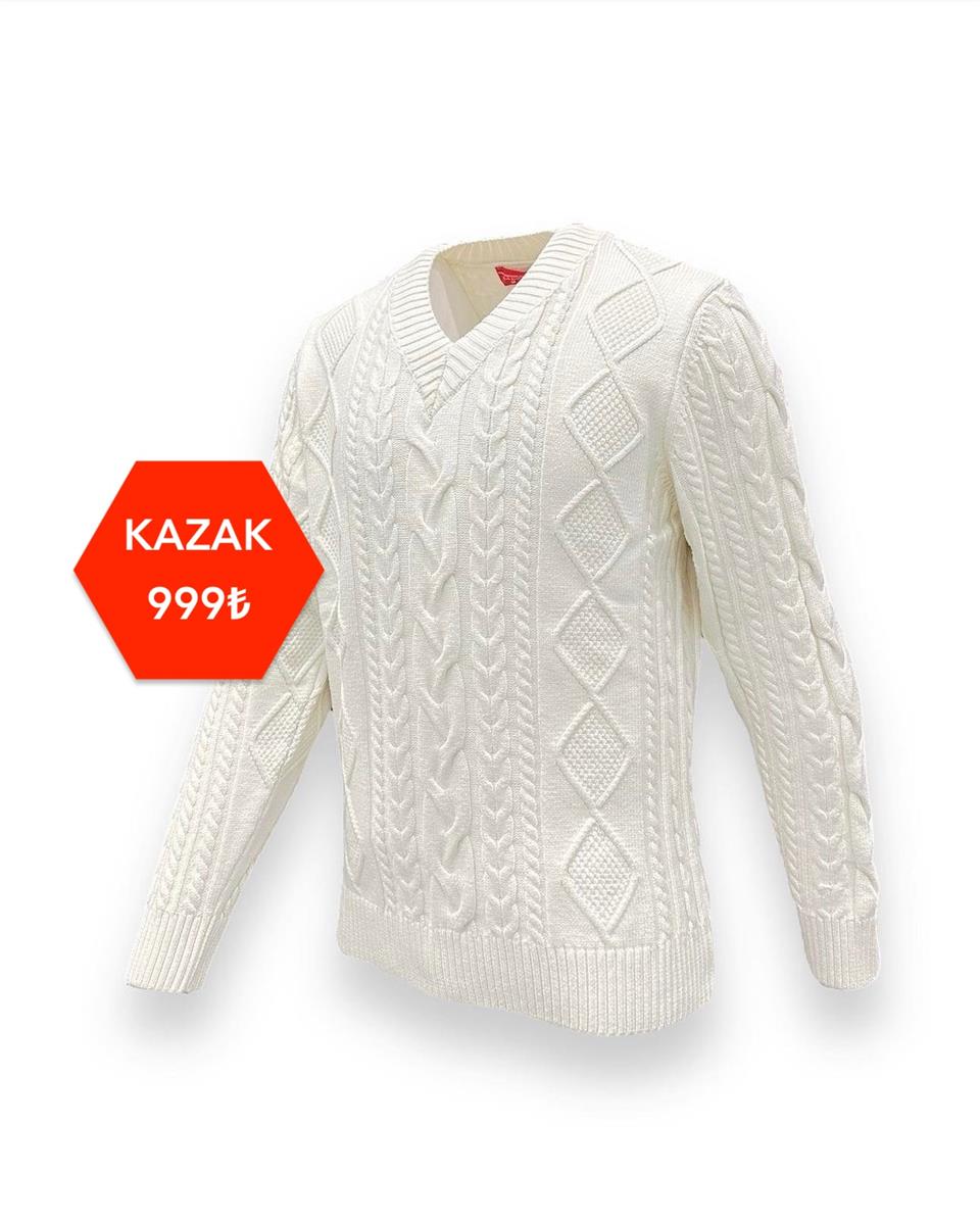 Slim Fit V Yaka Örgü Desenli Ekru Scot Kazak