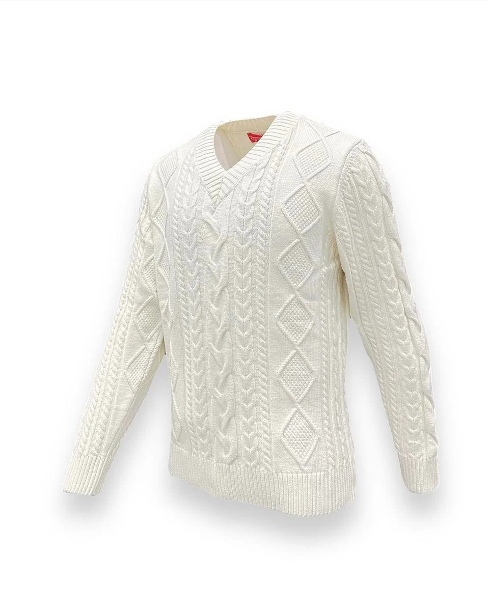 Slim Fit V Yaka Örgü Desenli Ekru Scot Kazak - Image 2
