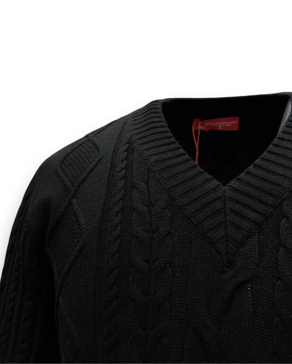 Slim Fit V Yaka Örgü Desenli Siyah Scot Kazak - Image 3