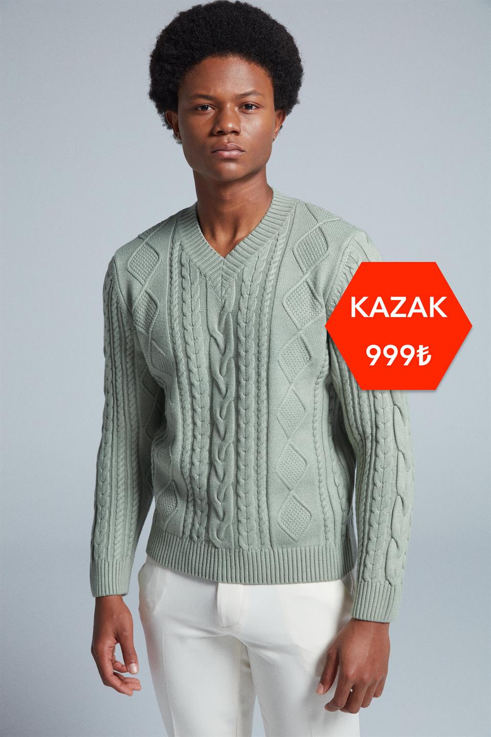 Slim Fit V Yaka Örgü Desenli Yeşil Scot Kazak