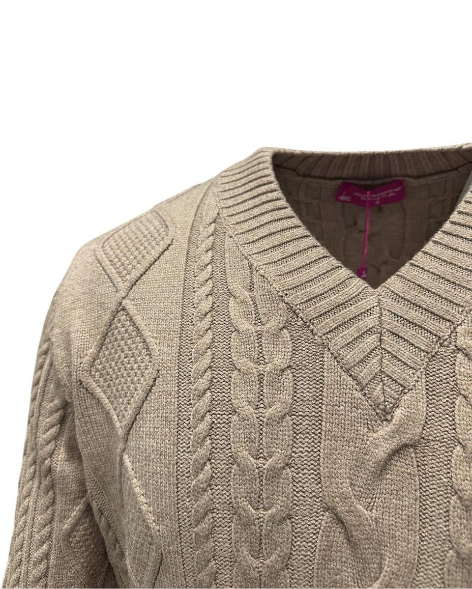 Slim Fit V Yaka Örgü Desenli Bej Scot Kazak - Image 3