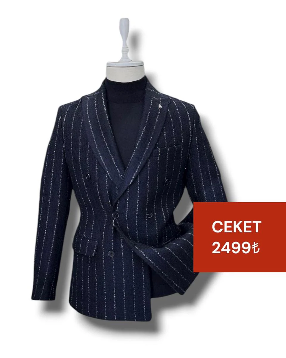 Slim Fit Kalın Kaşe Kruvaze Lacivert Silver Ceket | İndirimli