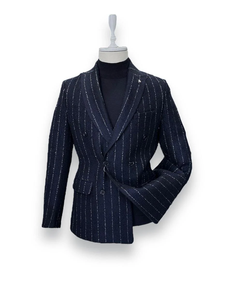 Slim Fit Kalın Kaşe Kruvaze Lacivert Silver Ceket | İndirimli - Image 2