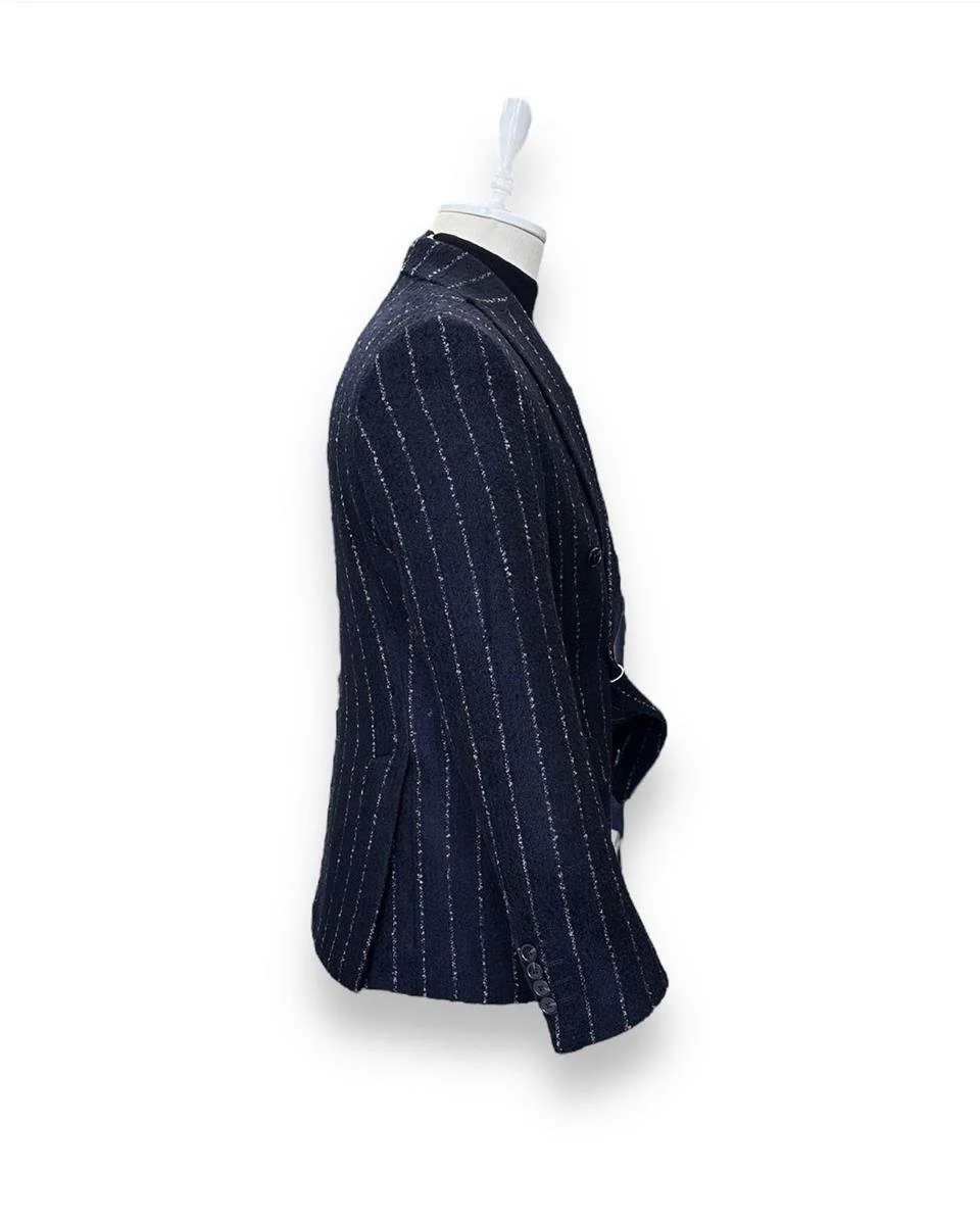 Slim Fit Kalın Kaşe Kruvaze Lacivert Silver Ceket | İndirimli - Image 3