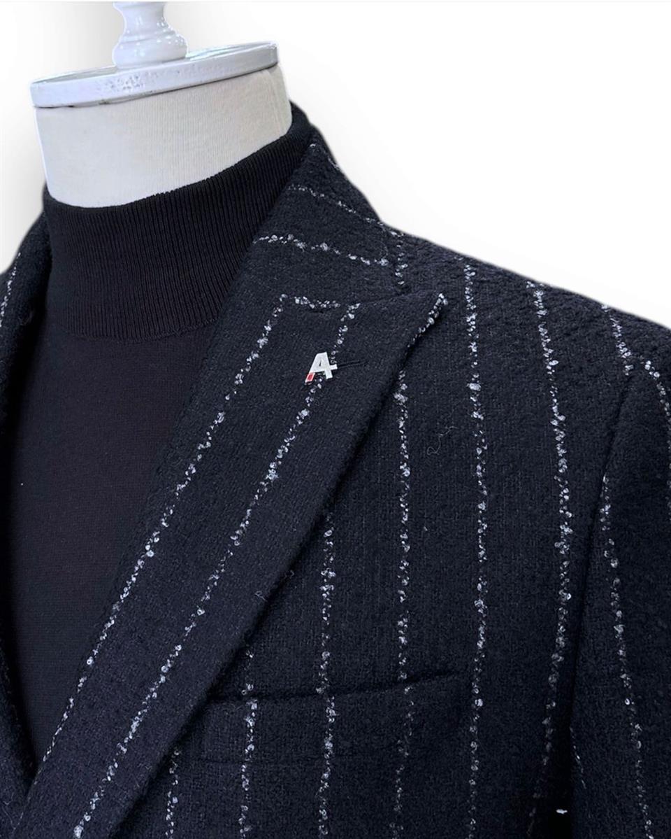 Slim Fit Kalın Kaşe Kruvaze Lacivert Silver Ceket | İndirimli - Image 4