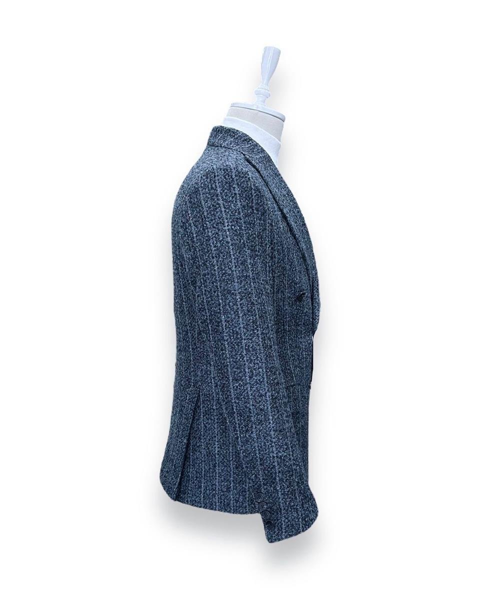 Slim Fit Kalın Kaşe Kruvaze Mavi Silver Ceket | İndirimli - Image 3