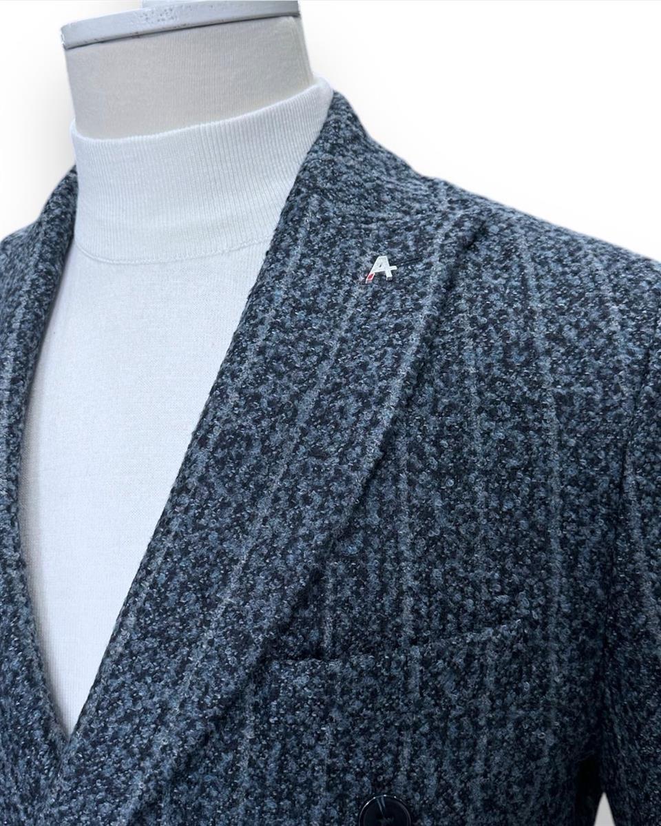 Slim Fit Kalın Kaşe Kruvaze Mavi Silver Ceket | İndirimli - Image 4