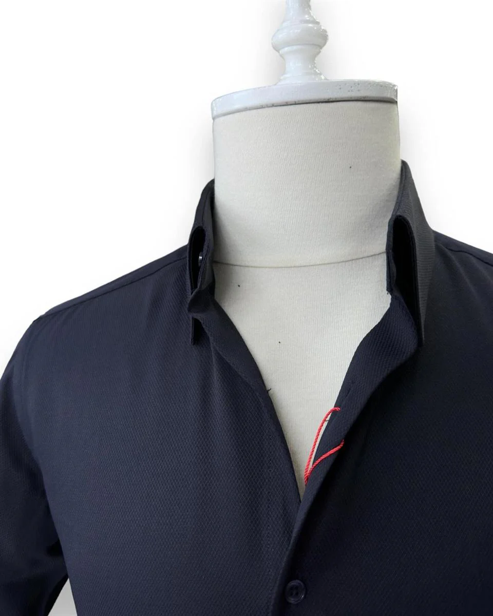 Slim Fit Dik Yaka Gizli Düğmeli Lacivert Swagg Gömlek