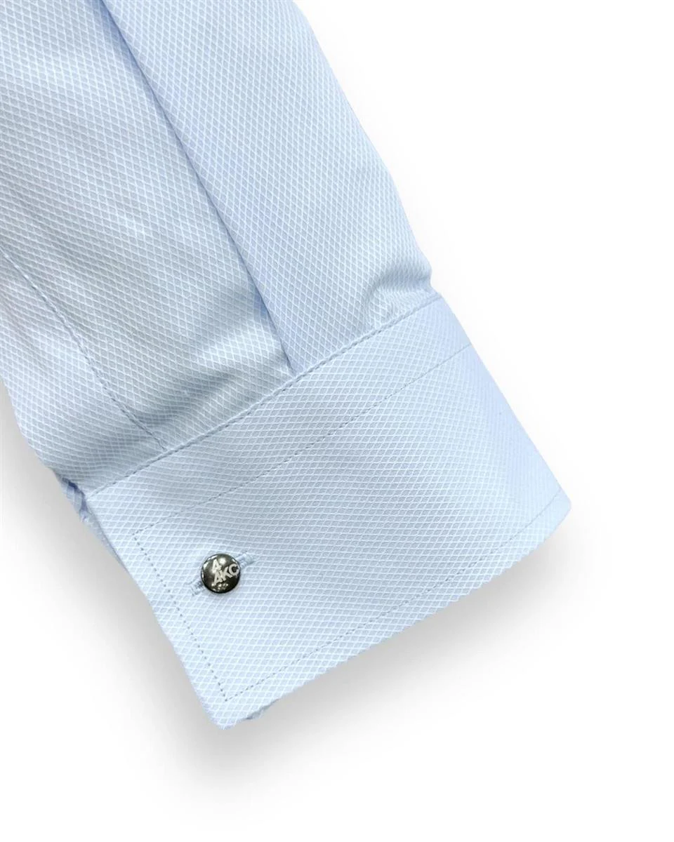 Slim Fit Dik Yaka Gizli Düğmeli Mavi Swagg Gömlek - Image 3