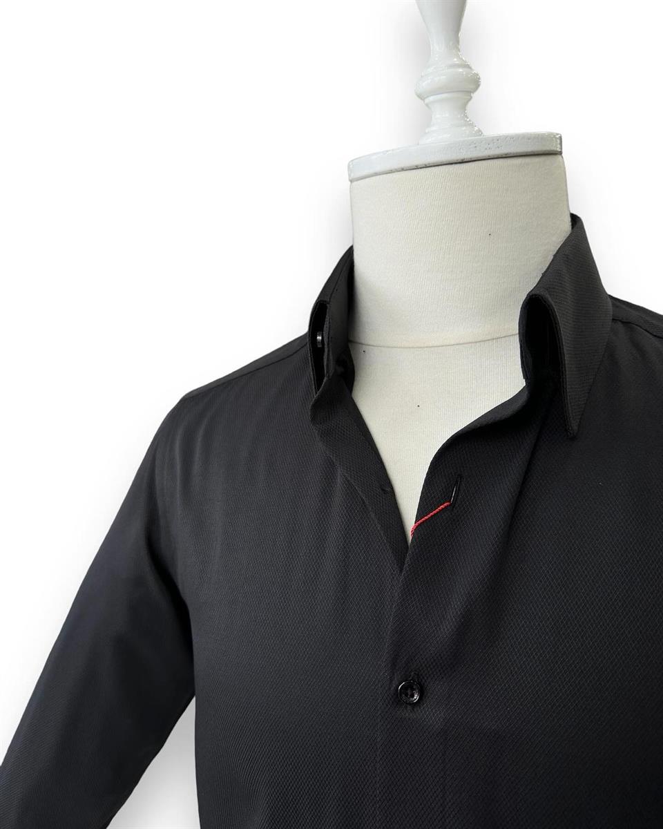 Slim Fit Dik Yaka Gizli Düğmeli Siyah Swagg Gömlek