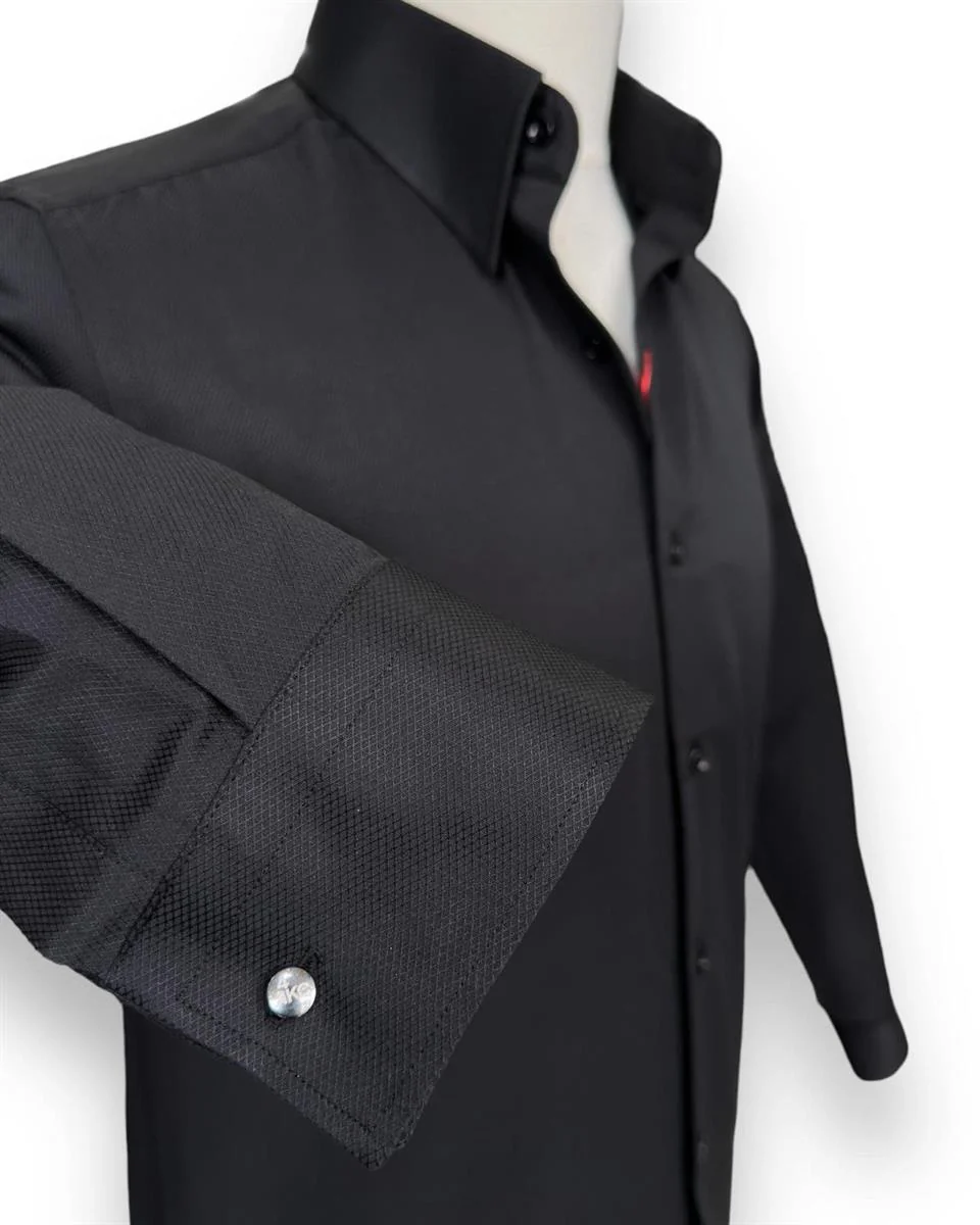 Slim Fit Dik Yaka Gizli Düğmeli Siyah Swagg Gömlek - Image 3