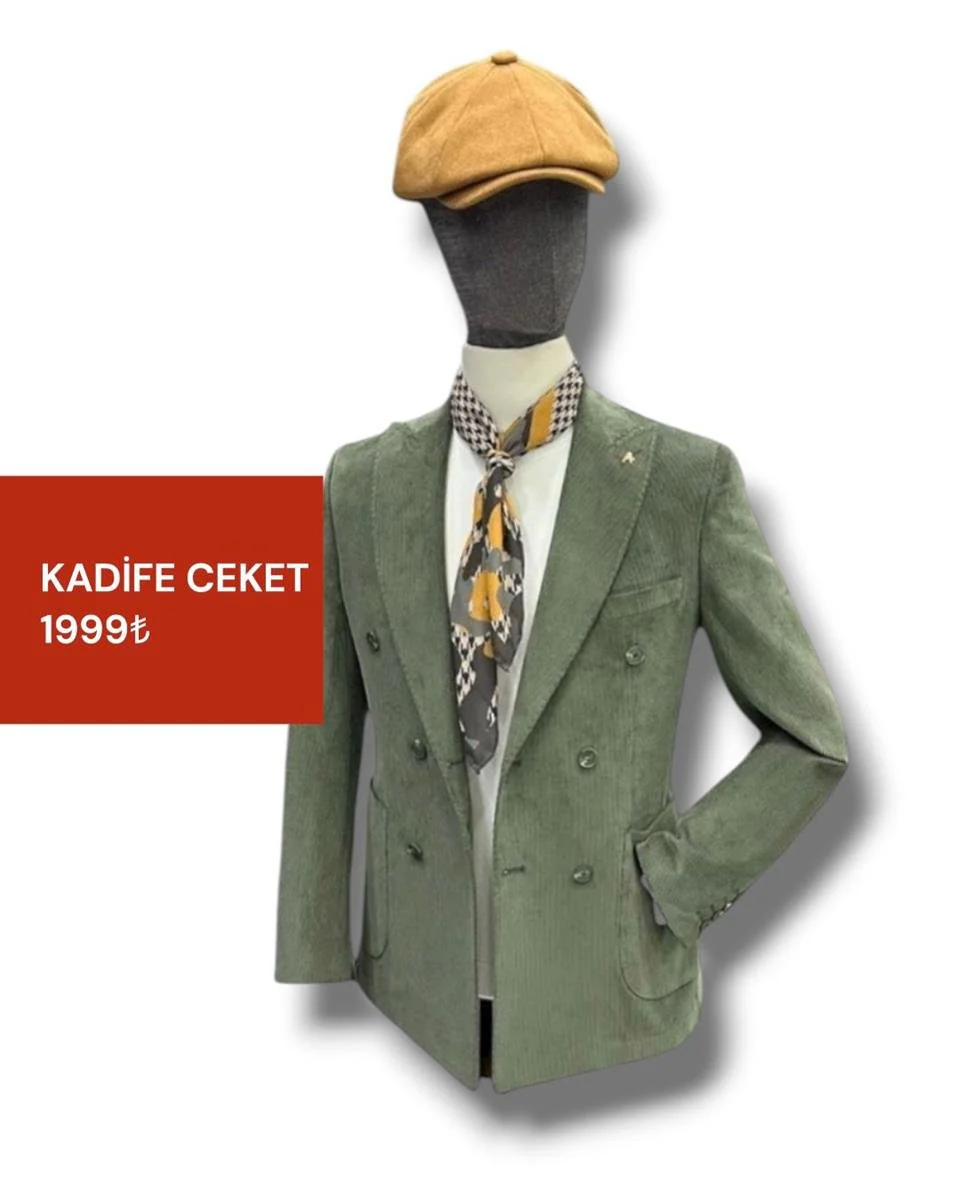 Velluto Haki Kruvaze Kadife Kumaş Torba Cep İndirimli Ceket