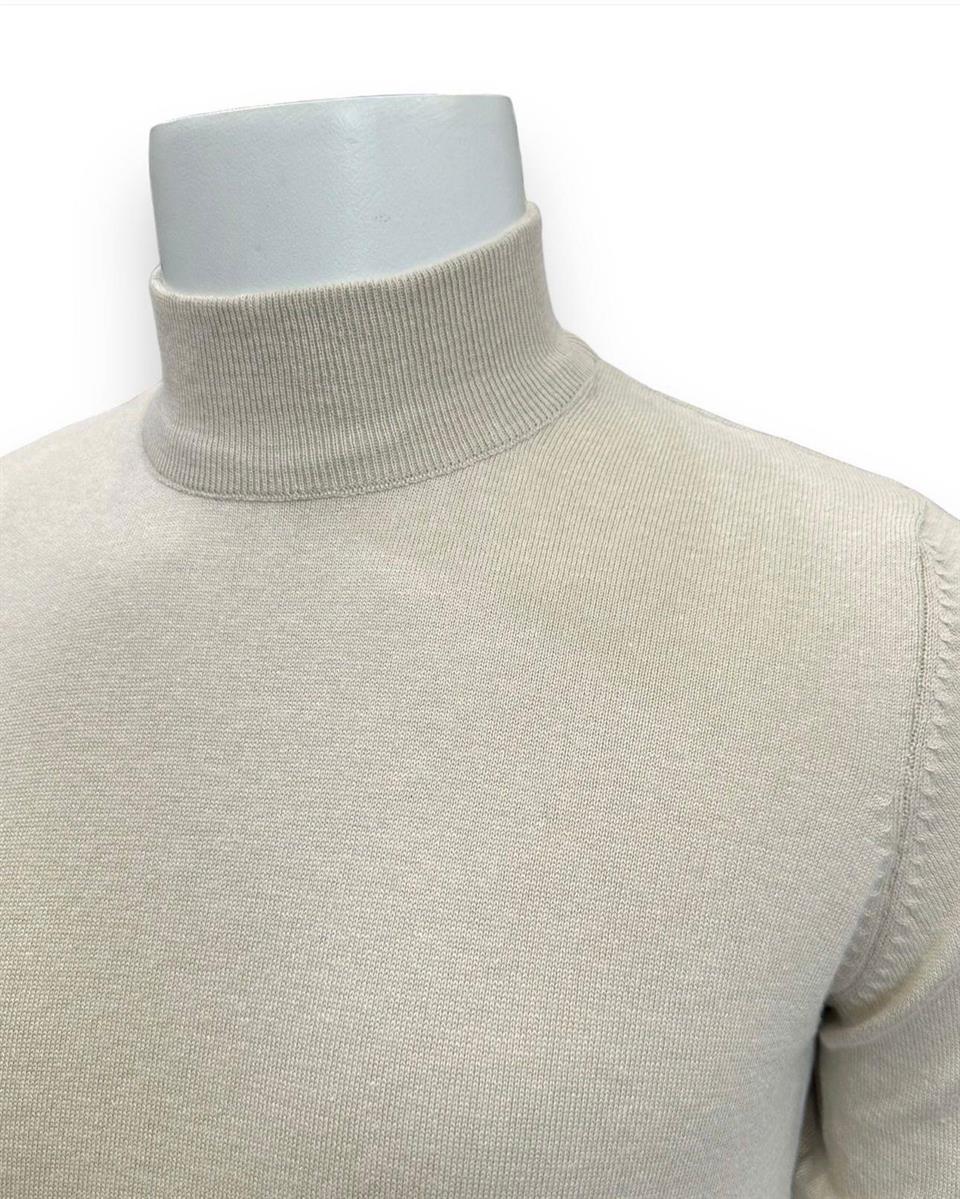 Slim Fit Pamuk Akrilik Yarım Boğazlı Bej Triko - Image 2